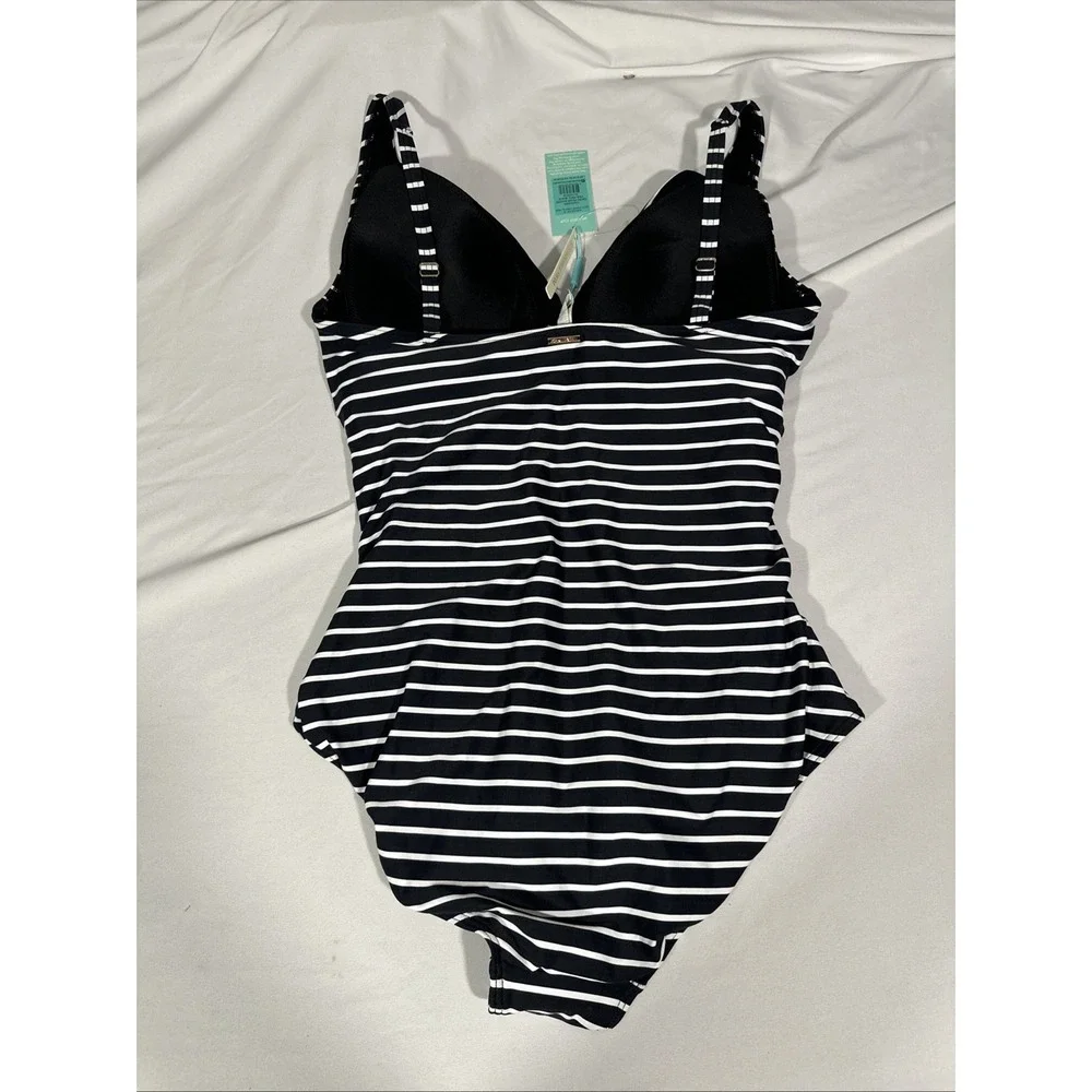 NWT $120 Sea Level [ 12 US ] Stripe Cross Front One-Piece Swimsuit in Black 7017